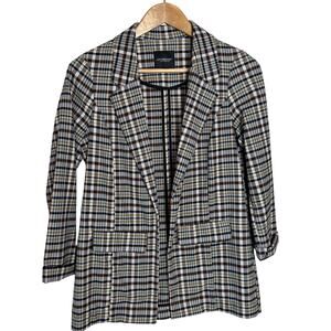 Liverpool Los Angeles Plaid Blazer Size XL Black White Yellow Tartan Academia